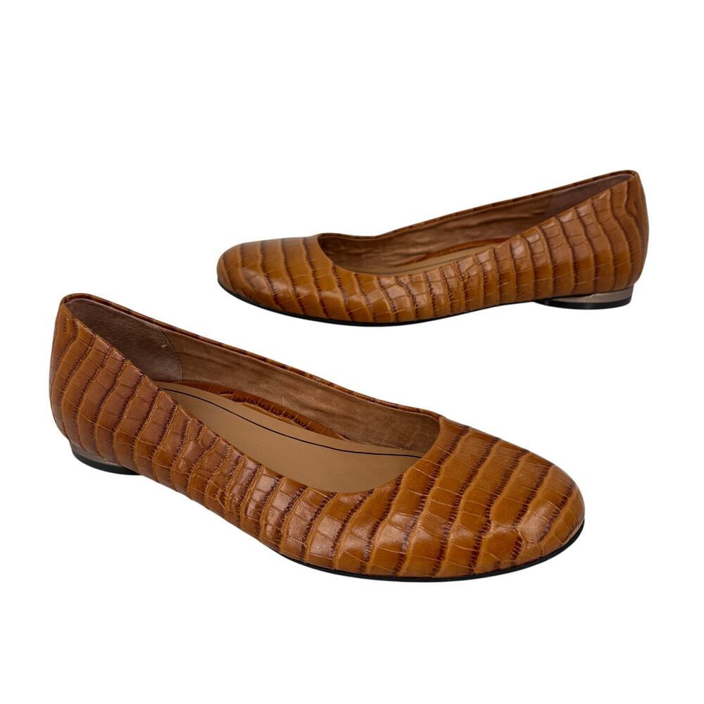 Vionic Hannah Croc Flat Loafer Shoe 9.5 Brown Leather Croco Embossed Slip On